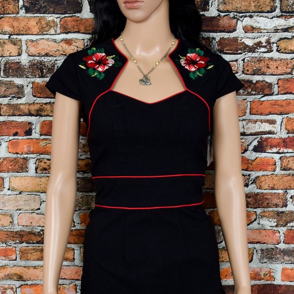 NWT RARE Hell Bunny Vixen Black Rockabilly Pencil Cap Sleeve Dress - M - Picture 3 of 9